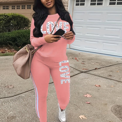 Women's Sports Two-piece Set, Love Letter Print Long Sleeve Top & Pants For Fall & Winter, Women's Clothing