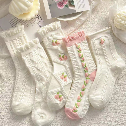 5 Pairs Kawaii Japanese Fashion Socks, Cute Flower Geometric 3D Textured Socks, Women's Stockings & Hosiery