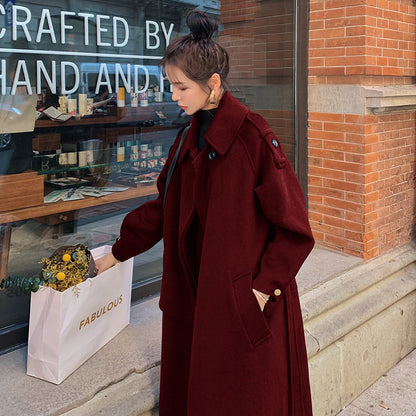 Mid-length Woolen Coat Over-the-knee Waist British Style Coat