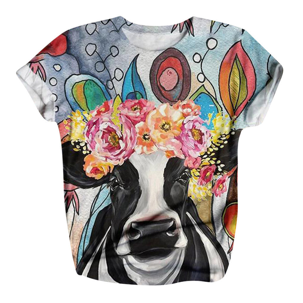 Fashionable Women's T-Shirt With Bull-Head Print Crew Neck And Short Sleeves