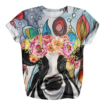 Fashionable Women's T-Shirt With Bull-Head Print Crew Neck And Short Sleeves