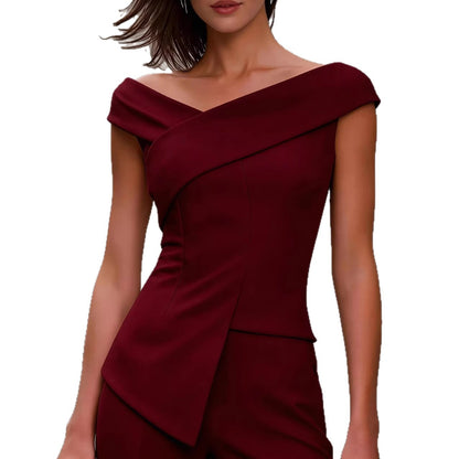 Womens Solid-Color Fashion Off-Shoulder Cross V-Neck Asymmetrical Top