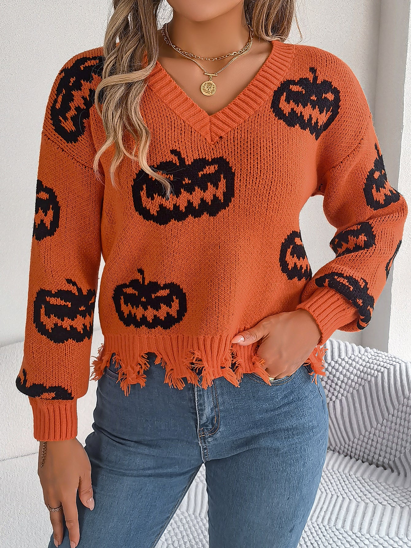 Women Color Block Pumpkin Distressed Long Sleeve Pullover Sweater