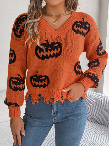 Women Color Block Pumpkin Distressed Long Sleeve Pullover Sweater