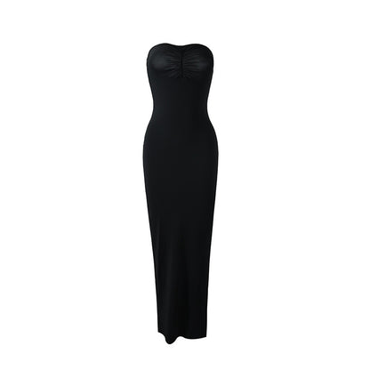 Spicy Girl Style Tube Top Bodycon Side-Slit Long Solid-Color Dress