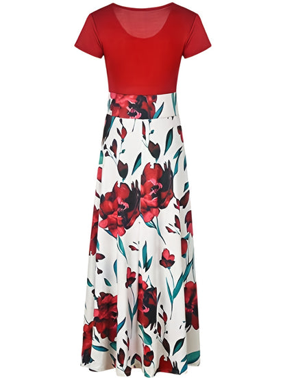Elegant Floral Maxi Dress - Printed Crew Neck Short Sleeve Pleated Dress for Women | Premium Polyester Summer Dress