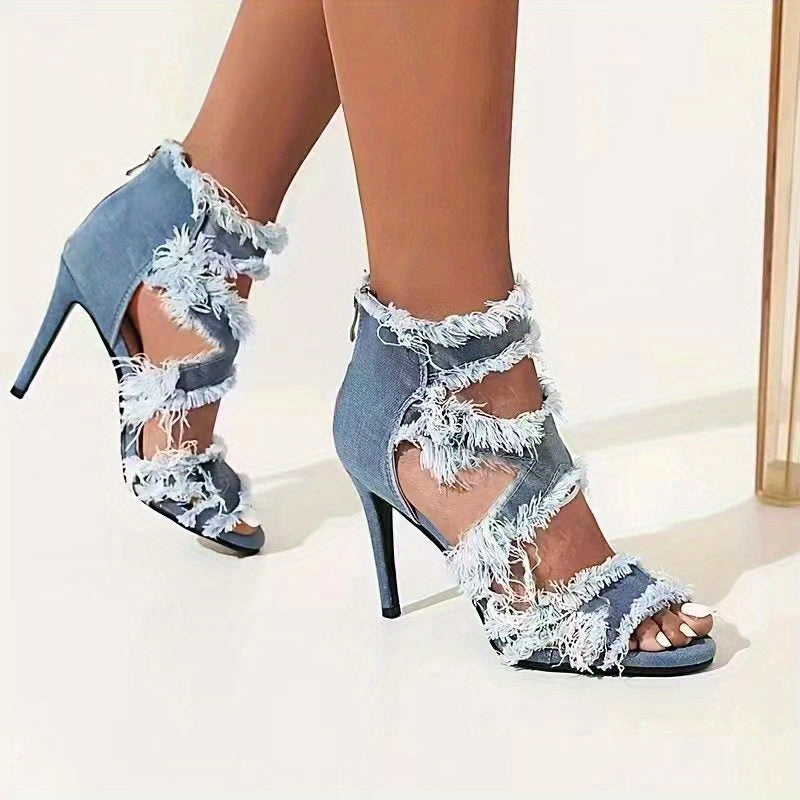 Women's Denim Cut-Out Stiletto Heels - Peep Toe High Heel Party Sandals with Back Zipper