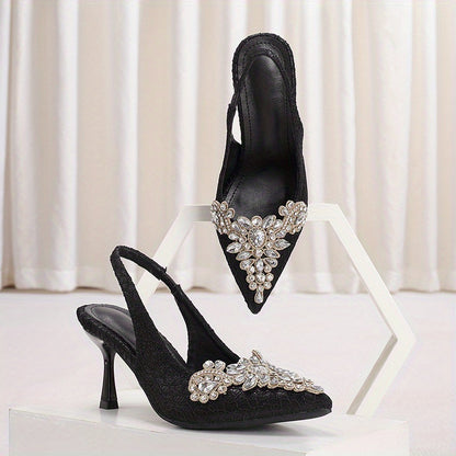 Rhinestone Stiletto Heels - Glamorous Pointed Toe Pumps with Ankle Straps
