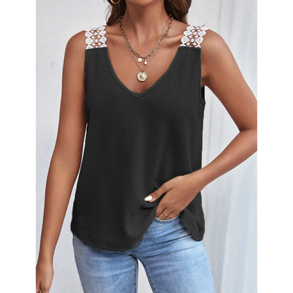 Women's Waffle Knit V-Neck Tank Top - Sleeveless Lace Trim Vest for Summer | Premium Casual Wear