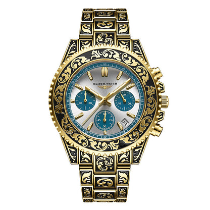 Vintage Engraving Quartz Multi-function Men's Watch
