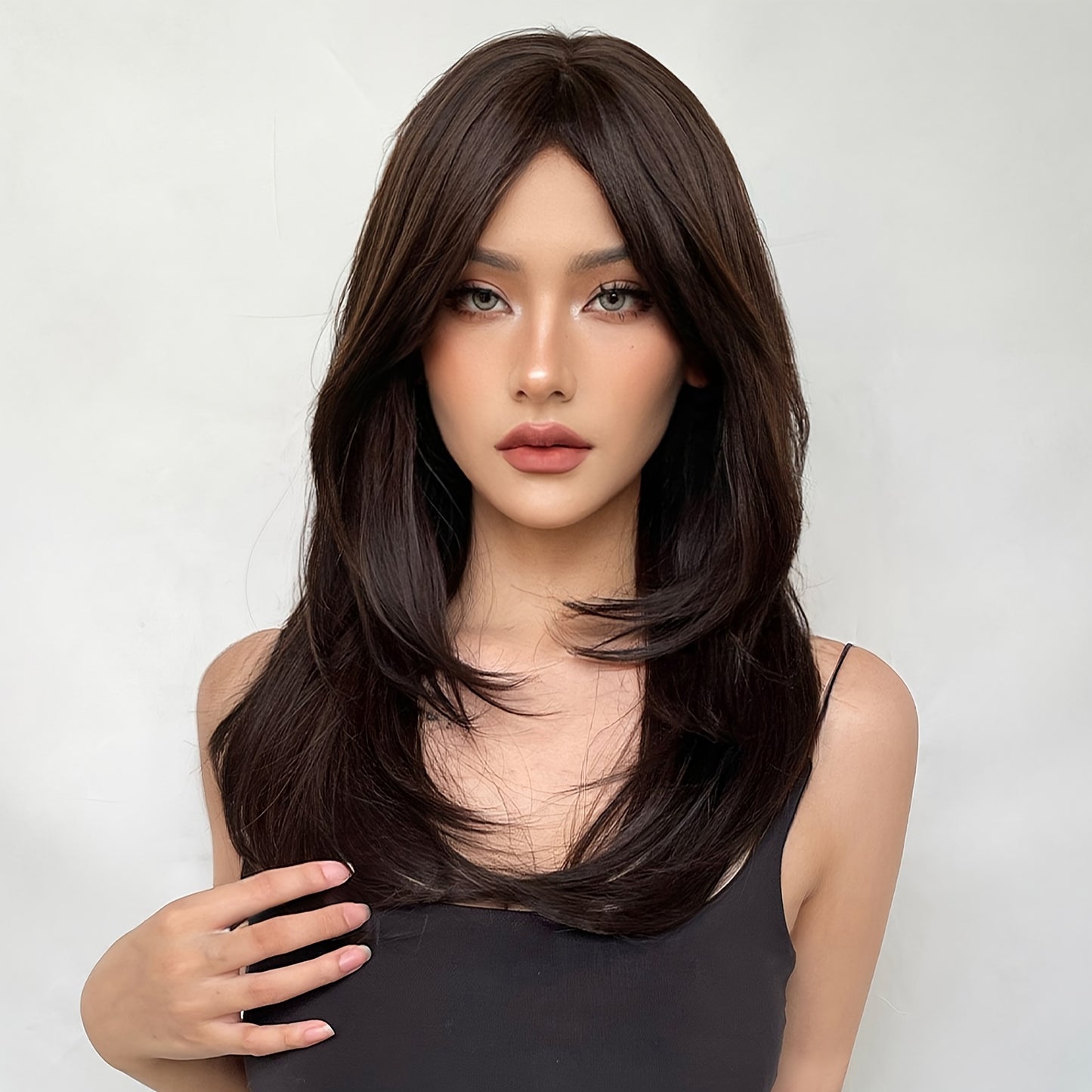 Long Dark Wigs For Women Cute Bob Layered Synthetic Wig Straight Hair Nature Looking