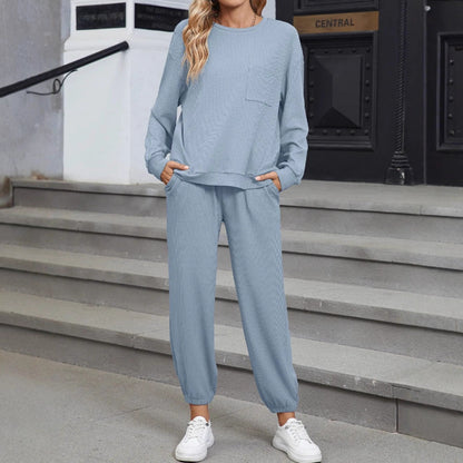 New Solid Color Knitting Belt Pocket Long Sleeve Top And Trousers Two Pieces