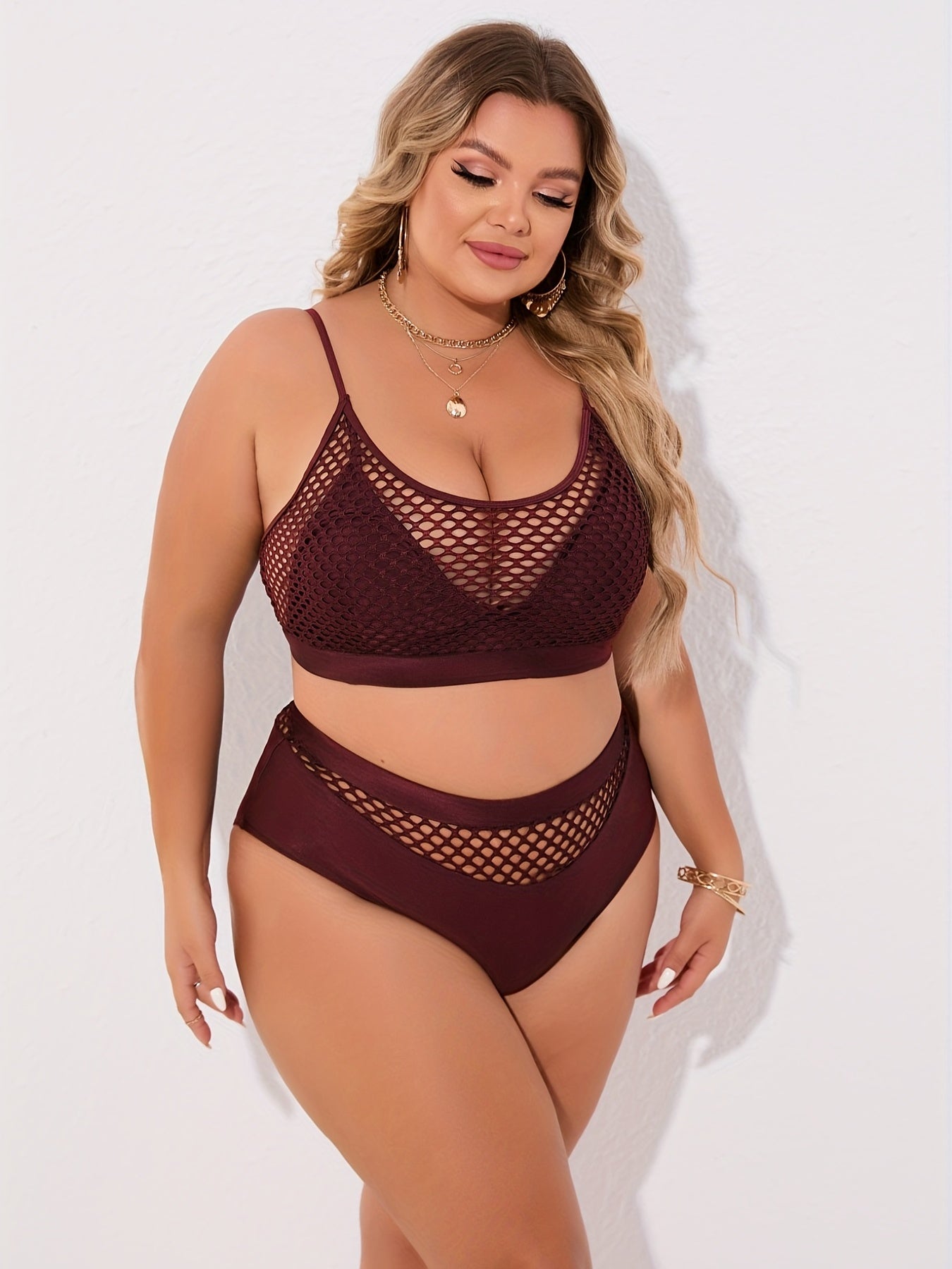 Plus Size Casual Bikini Set, Women's Plus Solid Contrast Fishnet Hollow Out High Stretch Crop Tank Top & Underwear Swimsuit Two Piece Set