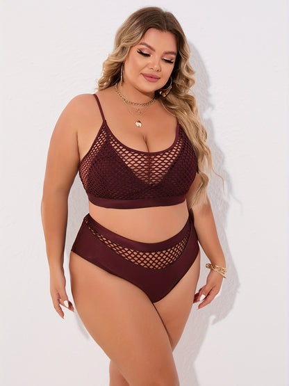 Plus Size Casual Bikini Set, Women's Plus Solid Contrast Fishnet Hollow Out High Stretch Crop Tank Top & Underwear Swimsuit Two Piece Set