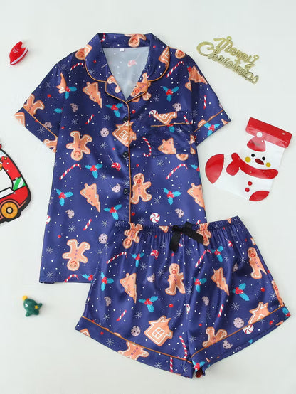 Cute Cartoon Pajama Set With A Turn-down Collar Short Sleeves