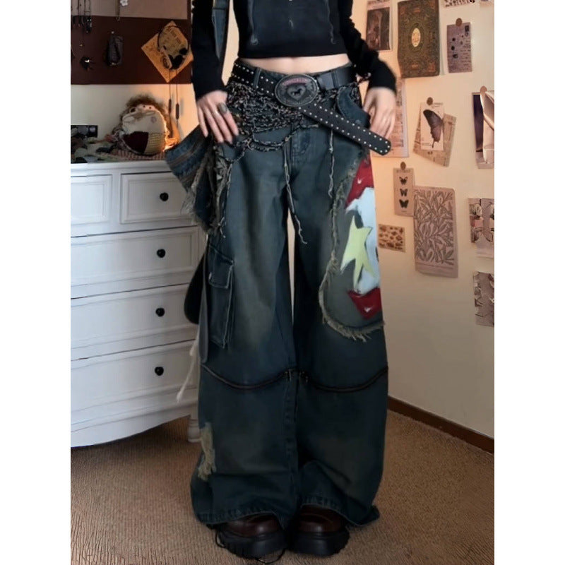 Street Wash Distressed Print Detachable Jeans Women Loose Slim Fit Draped Wide-leg Pants