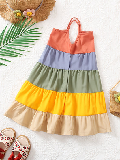Girls' Spaghetti Strap Color-Blocked Rainbow Cake Dress - Perfect for Outdoor Occasions.