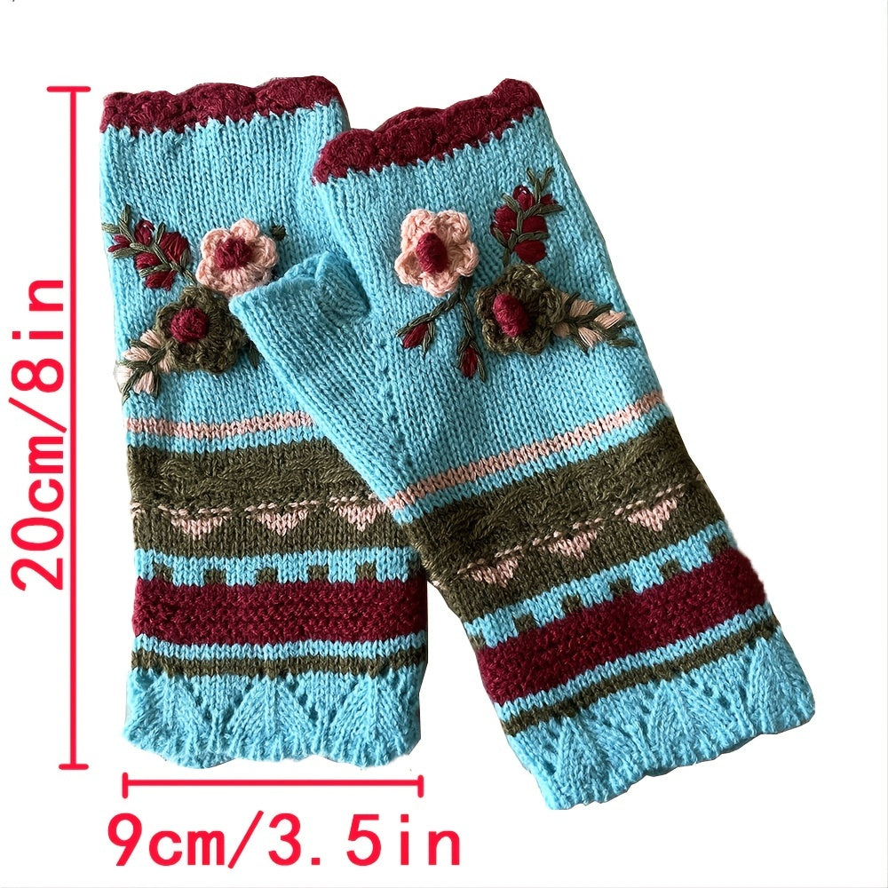 Handmade Crochet Fingerless Gloves - Vintage Embroidered Arm Warmers for Women