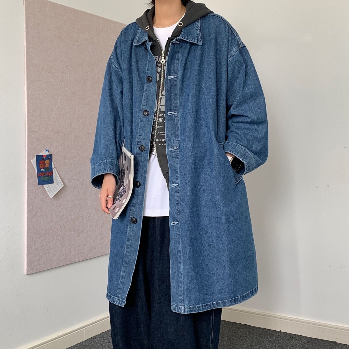 Denim Trench Coat Korean Style Wear Temperament Mid-length
