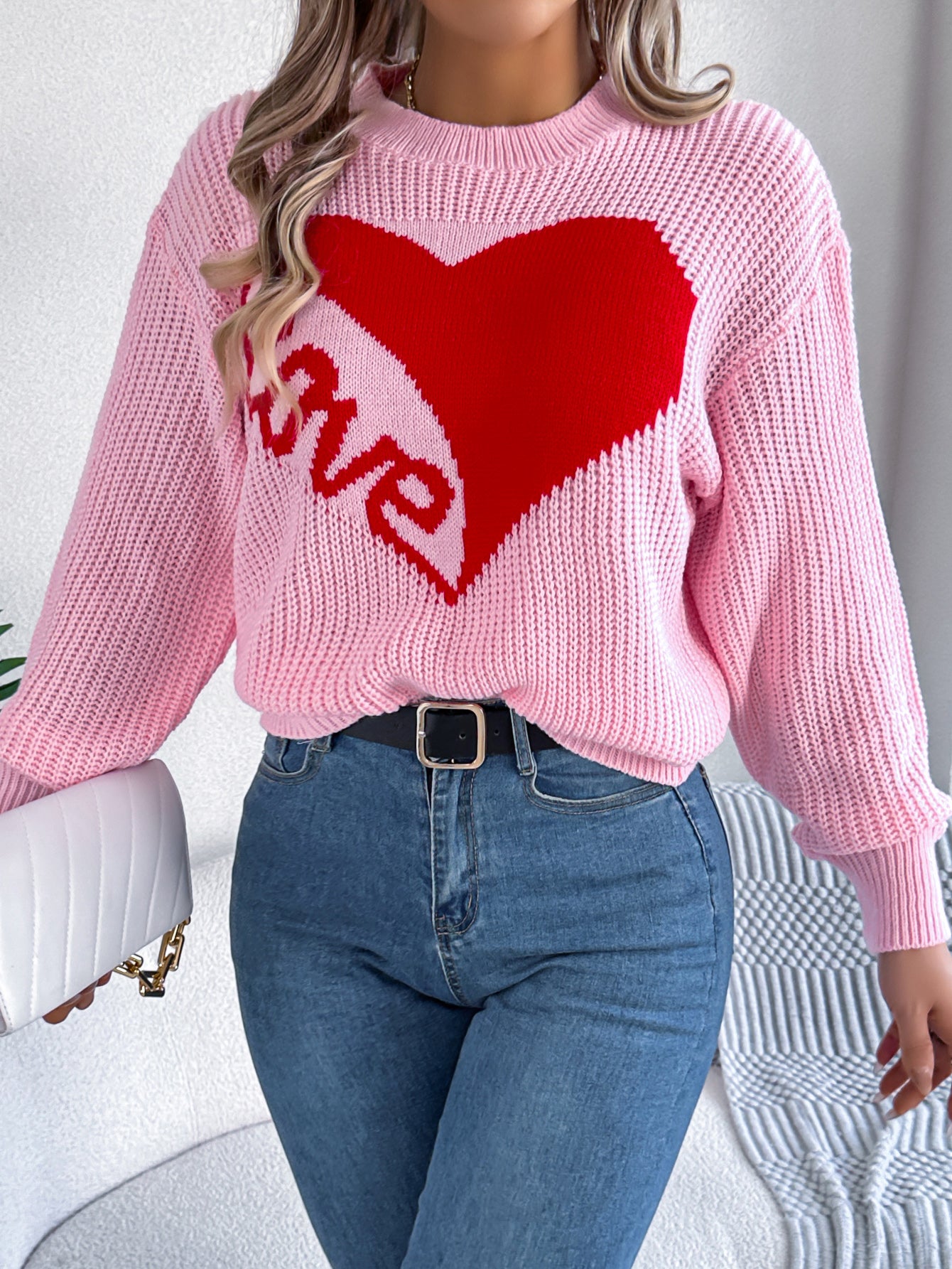 Women Casual Color Block Heart LOVE Long Sleeve Pullover Sweater