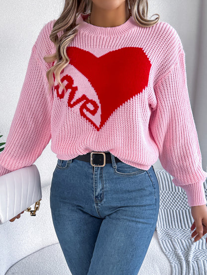 Women Casual Color Block Heart LOVE Long Sleeve Pullover Sweater