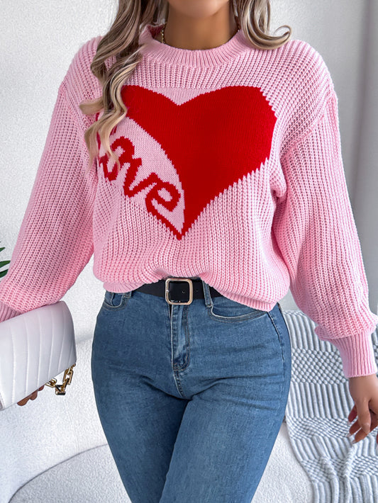 Women Casual Color Block Heart LOVE Long Sleeve Pullover Sweater