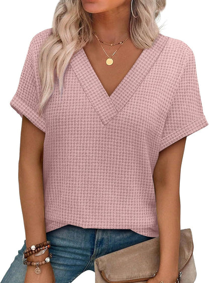 Casual Striped Textured Short-Sleeve Arrival V-Neck Knitted T-Shirt
