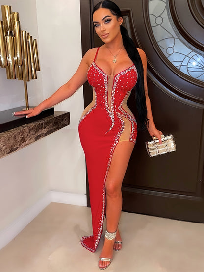 Women'S Sexy Rhinestone Long Dress, Asymmetrical Hem, Slingback, Sleeveless, Strapless Collar, Bodycon Knit Fabric, Polyester 95% Spandex 5% - All-Season Party Wear