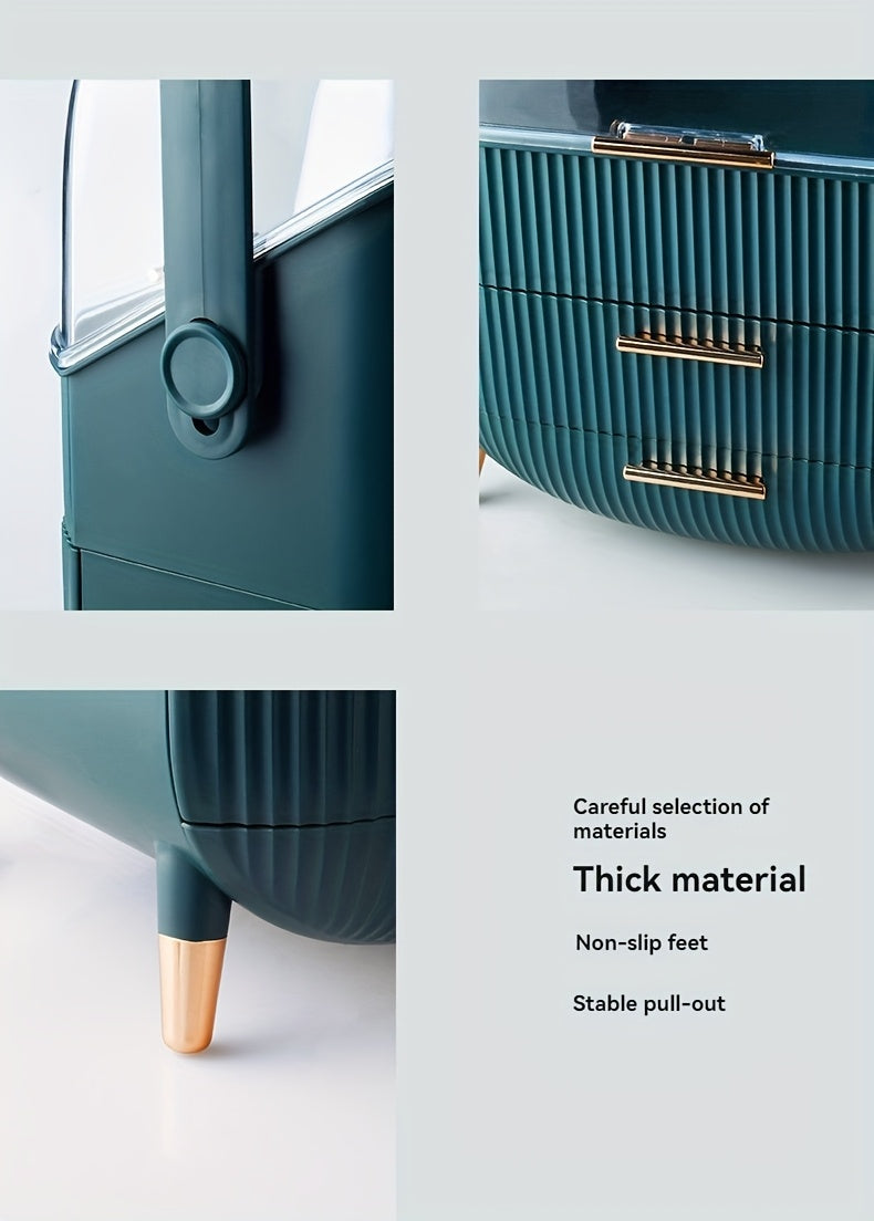 1pc Plastic Cosmetic Storage Box, Lightweight, Tension Mount, Multi-functional with Cover & Drawer, Waterproof & Dust-proof, for Bathroom & Desktop Makeup Organizer