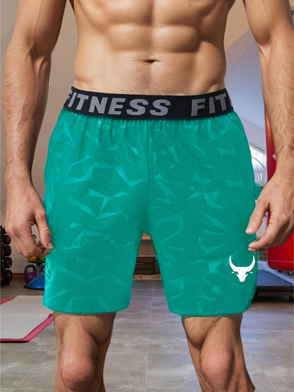 Men's "S's FINE" Athletic Shorts - Gray, Quick-Dry Polyester with Geometric Pattern, Elastic Waistband, Ideal for Running & Workouts, Machine Washable