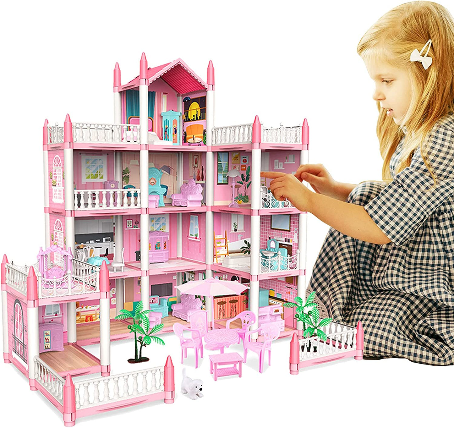 Pink Dollhouse for Girls - 11 Room DIY Pretend Play Toy House with Furniture