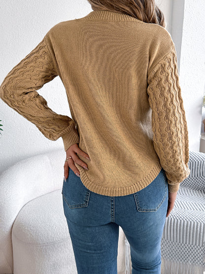 Women Casual Solid Color Cable Knit Lantern Sleeve Irregular Pullover Sweater