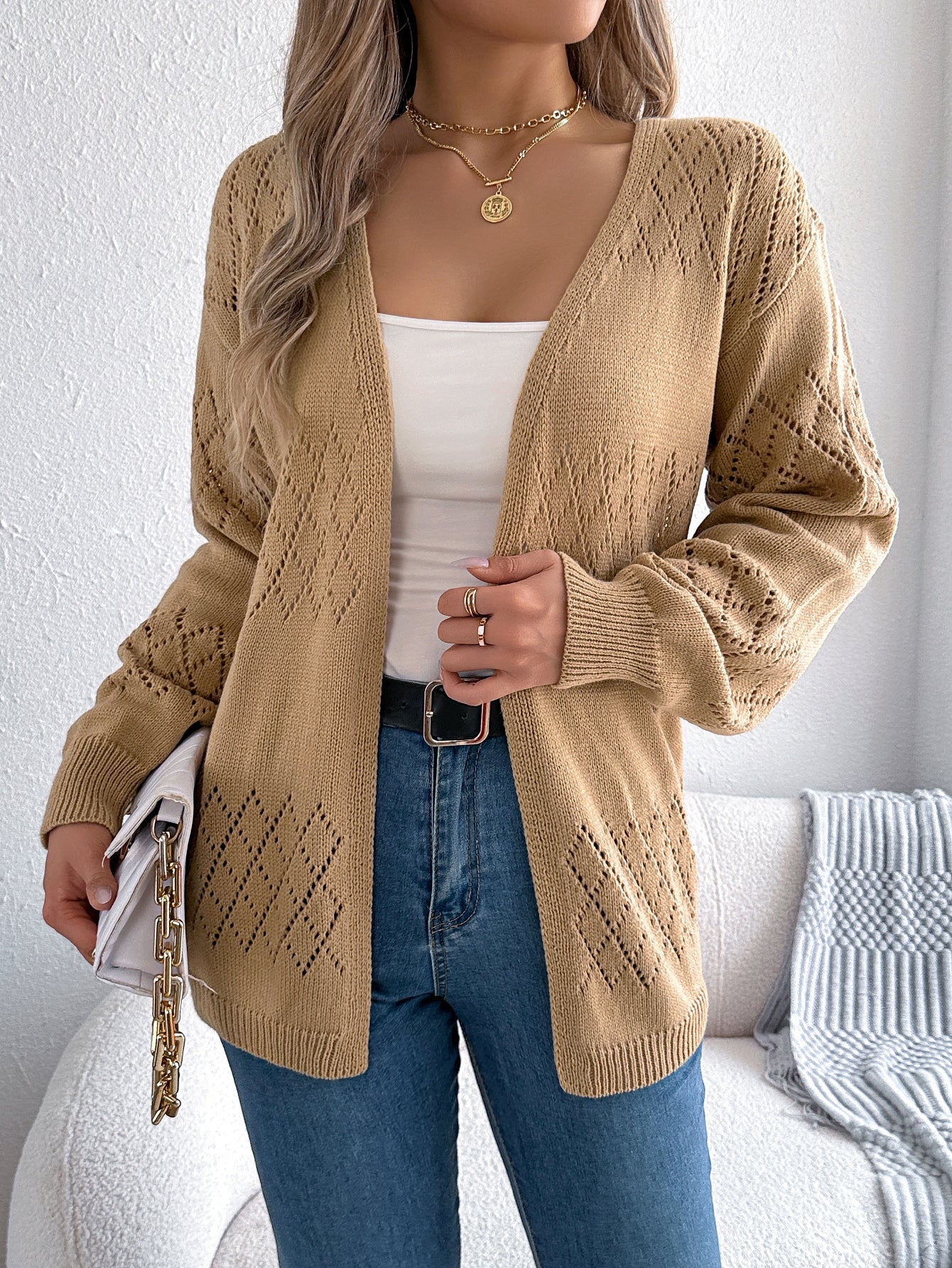 Women Casual Solid Color Hollow Out Lantern Sleeve Mid-Length Cardigan Sweater