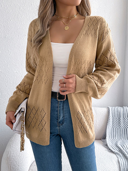 Women Casual Solid Color Hollow Out Lantern Sleeve Mid-Length Cardigan Sweater