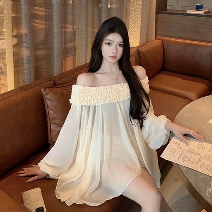 Off-shoulder Long Sleeve Chiffon Shirt Loose Mid-length Thin Top