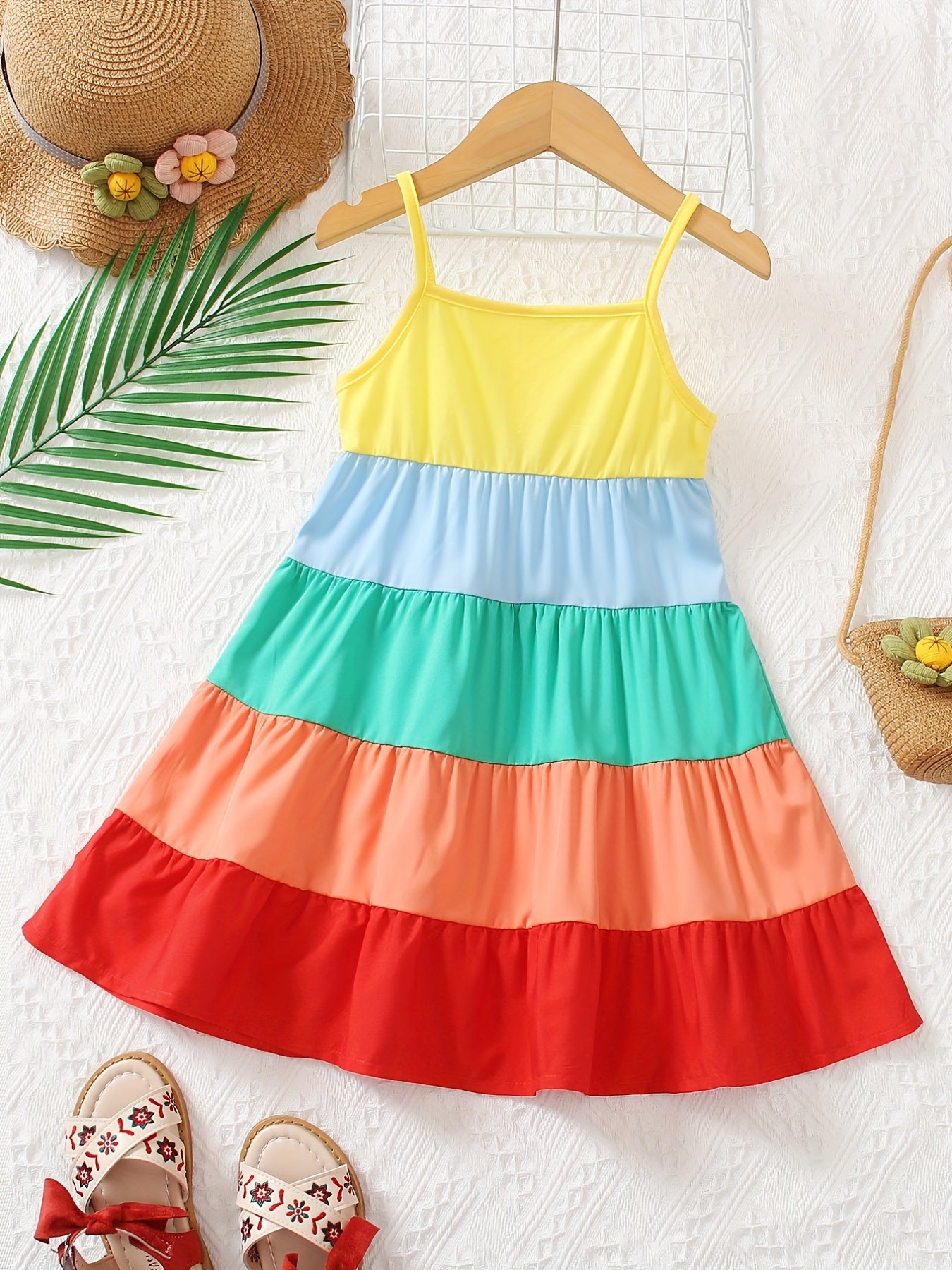Girls' Spaghetti Strap Color-Blocked Rainbow Cake Dress - Perfect for Outdoor Occasions.