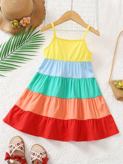 Girls' Spaghetti Strap Color-Blocked Rainbow Cake Dress - Perfect for Outdoor Occasions.