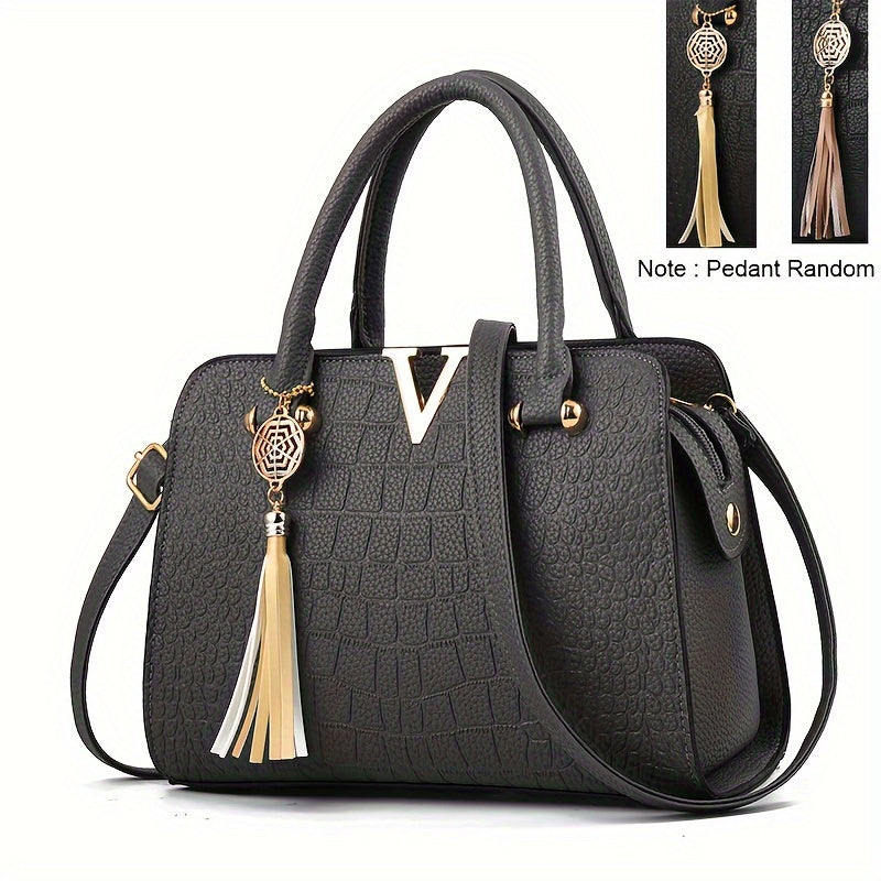 Crocodile Pattern Satchel Bag, Tassel Decor Double Handle Purse, Women's Shoulder Bag For Work