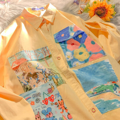 Milk-yellow Oil Painting Cute And Chic Floral Blouse