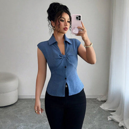 Women's Slim-fit Sleeveless Blouse With Pleats Elegant Top