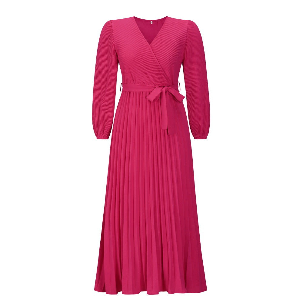 V-neck Long Sleeve Pleated A- Line Mid-length Dress