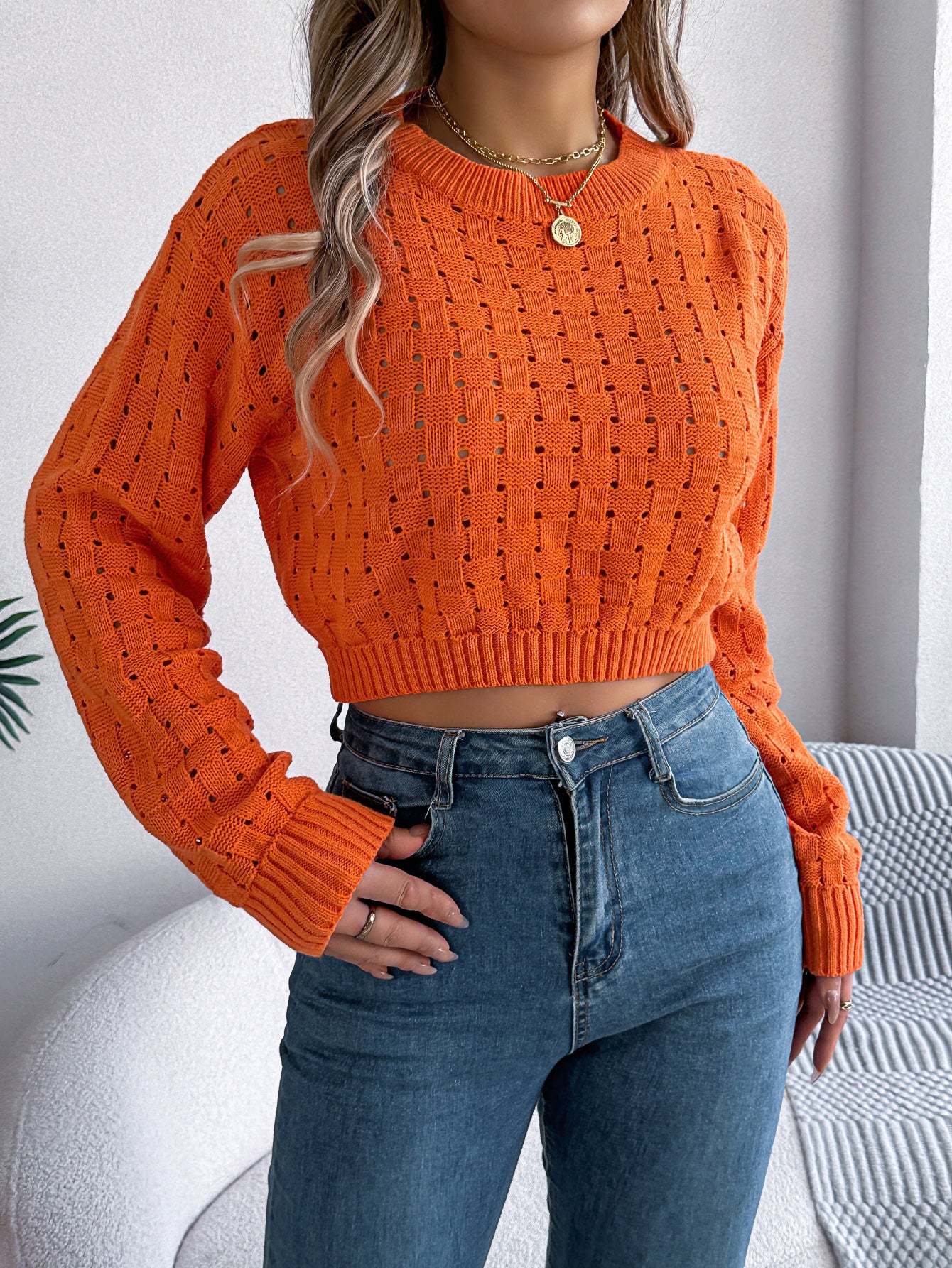 Women Sexy Backless Button Hollow Out Long Sleeve Pullover Sweater