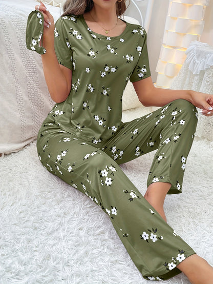 Women's Floral Print Pajama Set - Comfortable Short Sleeve Tee Top and Pants for Sleep and Lounging