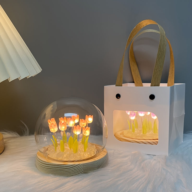 1pc Tulips Gifts For Women Flower Gifts For Her Gifts For Women Birthday Xmas Gift For Mom, Artificial Decor In Glass Dome With Led Light Night Light, Women Gifts For Her, Mom, Christmas Gift