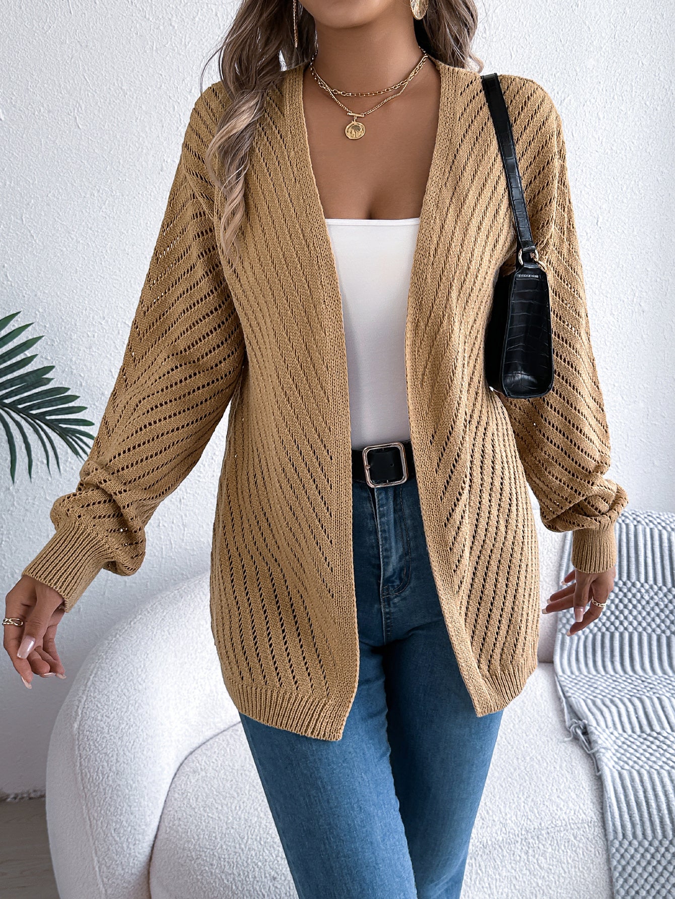 Women Casual Solid Color Hollow Out Long Sleeve Cardigan Sweater