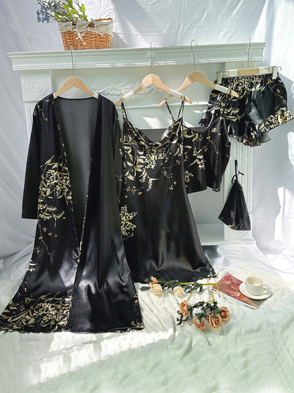 Women's Cherry Print Pajama Set - Elegant V-Neck Sleepwear with Suspender Shorts & Skirt