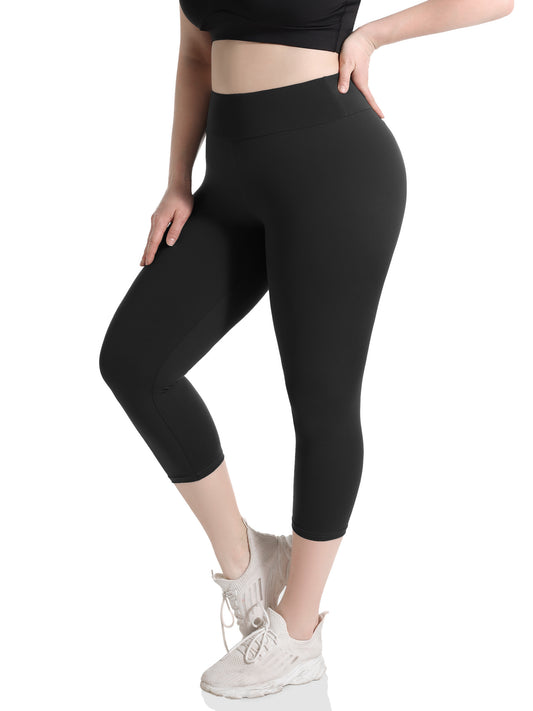 Women'S Plus Size Capri Leggings, High Waist Tummy Control, 4X Stretch, Pocket Detail, Solid Black, Knit Fabric, Polyester 92%, Spandex 8%, 210g/m², All Season Skinny Yoga Pants