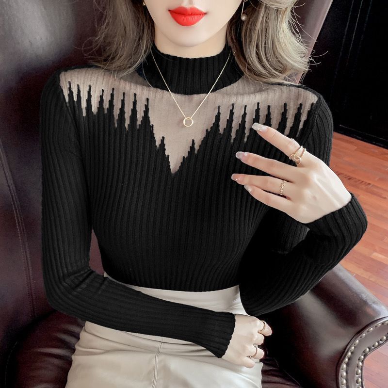 MeshPanel HalfHigh Neck Knitted Base Sweater For Women SlimFit Innerwear Stylish Top