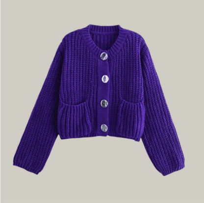 Pocket-button Knitted Women's Round-neck Ingot Sweater Coat
