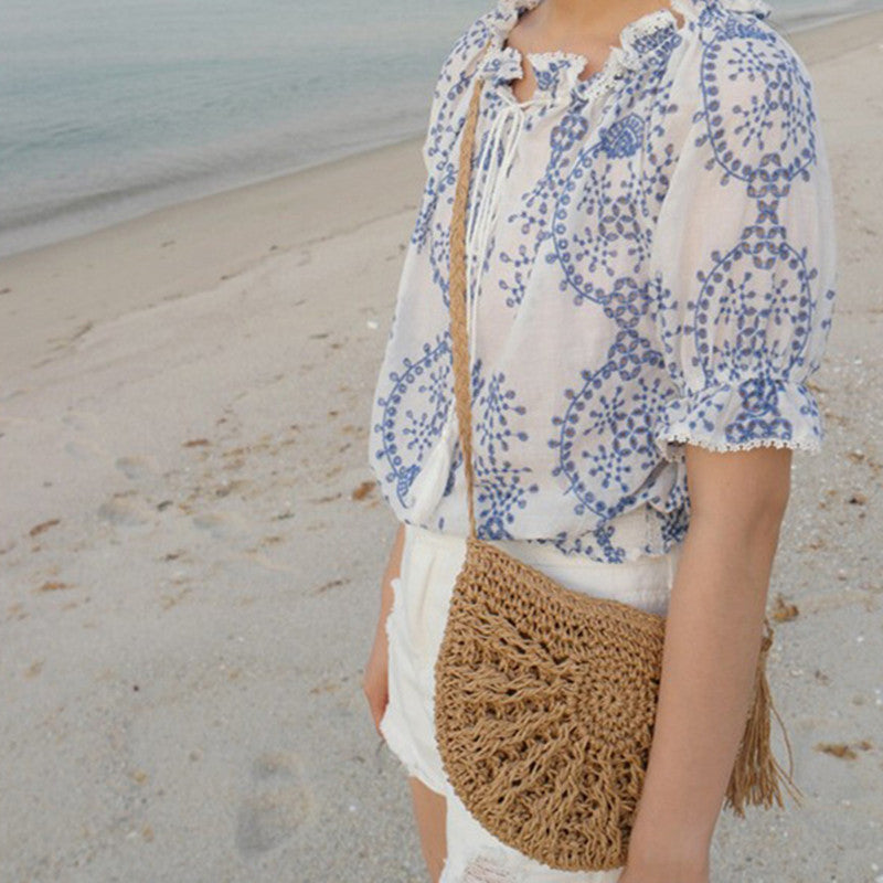 Women's Fashion Casual Handmade Straw Woven Shoulder Tassel Beach Bag